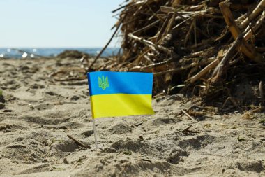 Ukrayna bayrağı su kirliliğinin arka planında plastik atık ve çöp ile