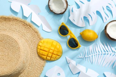 Manzara, yaz konsepti Hindistan cevizi, mango, gözlük ve şapka