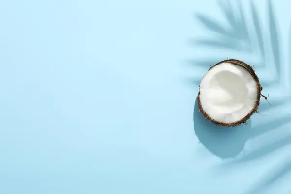 Ovanifrån Hälften Kokosnöt Skuggan Palm Blå Bakgrund Plats För Text — Stockfoto