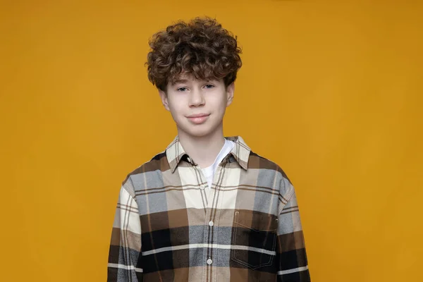 Curly Teenager Shirt Yellow Background — Stock Photo, Image