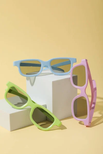 Colorful Sunglasses White Blocks Beige Background — Stock Photo, Image