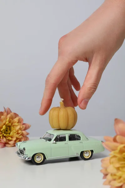 Carro Retrô Brinquedo Com Flor Abóbora — Fotografia de Stock
