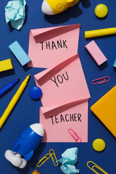 Stickers Inscriptions Thank You Teacher Blue Background Stationery — Stock Photo, Image