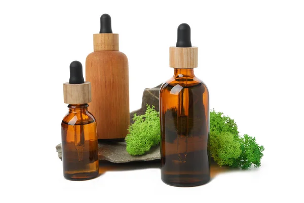 Png Moss Wooden Glass Bottles Cosmetics Isolated White Background — Stock Photo, Image
