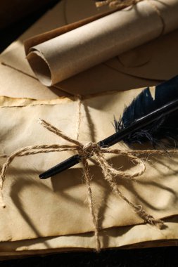 Ahşap arka planda eski harfler ve tüy