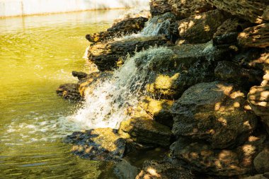 Güneşli yaz gününde şehir parkında şelale.