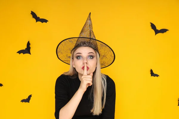 Girl Halloween Costume Shows Shh Silent Gesture Yellow Background — Stock Photo, Image