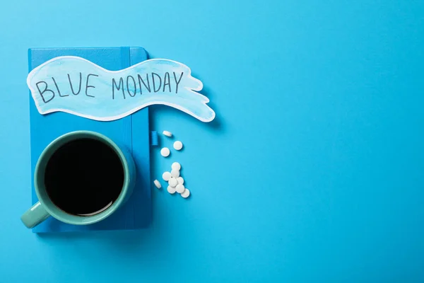 Blue Notebook Cup Tea Pills Text Blue Monday Blue Background — Stock Photo, Image