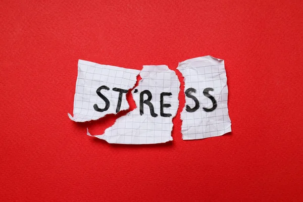 stock image Paper with word Stress on red background, top view