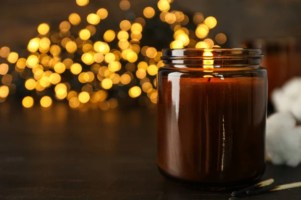 Candle Wooden Table Dark Background Space Text — Stock Photo, Image
