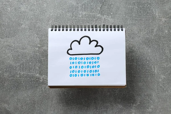 Zápisník Nakresleným Mrakem Šedém Pozadí Koncept Cloud Computingu — Stock fotografie