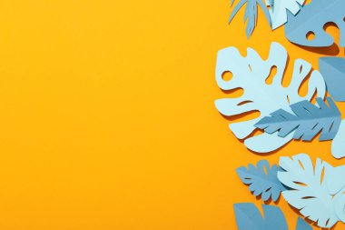 Sarı arka planda kağıt mavisi tropikal yapraklar.