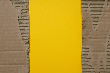 Sarı zemin üzerinde yırtık bir karton, üst görünüm.