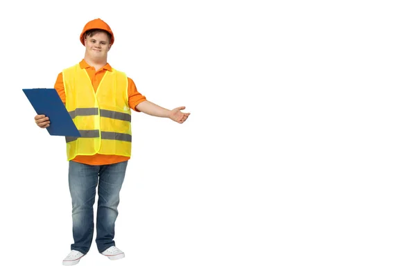 Png Smiling Young Man Syndrome Work Uniform Hard Hat His — Stock Photo, Image