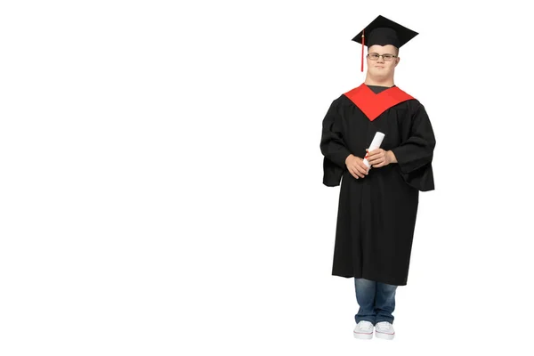 Png Chico Sonriente Con Síndrome Con Gafas Traje Graduación Aislado — Foto de Stock