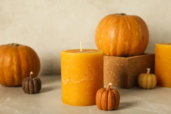 Decorative Candles Pumpkins Beige Background — Stock Photo, Image