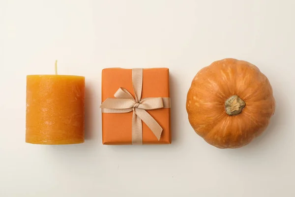 Candle Pumpkin Gift Box White Background Top View — Stock Photo, Image