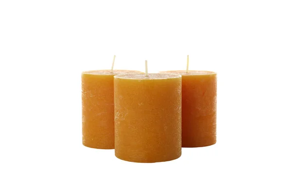 Png Tři Oranžové Svíčky Izolované Bílém Pozadí — Stock fotografie