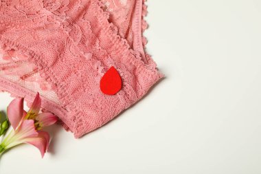 Çiçeğin yanında kırmızı bir adet damlası olan pembe külot.