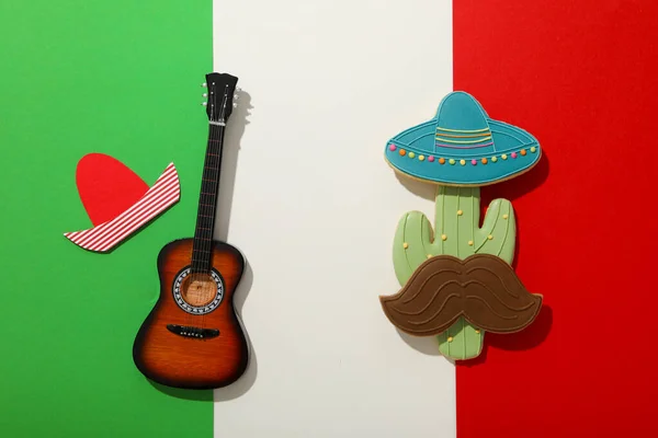 Mexická Vlajka Erbem Tradičními Atributy Detailní Záběr — Stock fotografie