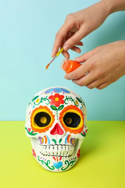 Malowana Ludzka Czaszka Dzień Zmarłych Meksyku — Zdjęcie stockowe