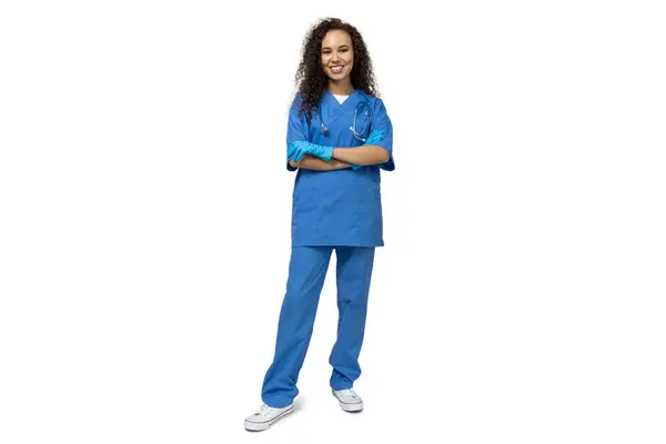Dívka Modré Sesterské Uniformě Izolovaná Bílém Pozadí — Stock fotografie
