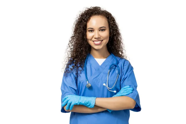 Ein Mädchen Blauer Krankenschwesteruniform Isoliert Auf Weißem Hintergrund — Stockfoto