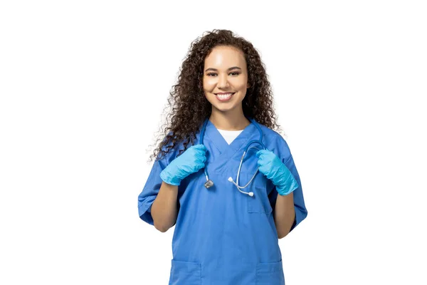 Flicka Blå Sjuksköterska Uniform Isolerad Vit Bakgrund — Stockfoto