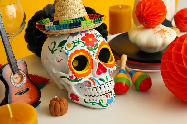 Mexican style Halloween table setting with guitar and hat