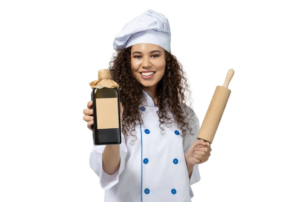 Girl Uniform Chef Isolated White Background — Stock Photo, Image