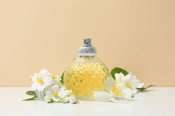 Jasmine Flowers Perfume Bottle Beige Background — Stock Photo, Image