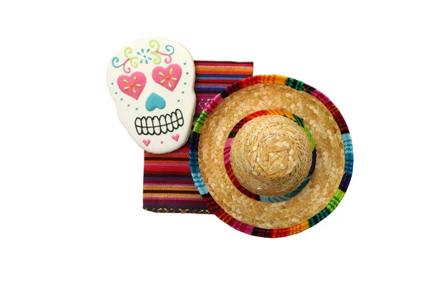 Png Lebka Tradiční Mexický Koberec Sombrero Izolované Bílém Pozadí — Stock fotografie