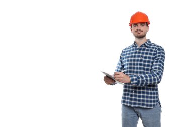 PNG, elinde dizin olan mühendis, beyaz arkaplanda izole edilmiş, metin için boşluk