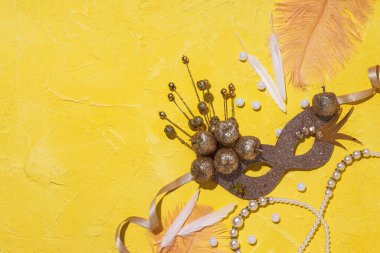 Sarı arkaplanda karnaval maskesi ve tüyleri, metin için boşluk