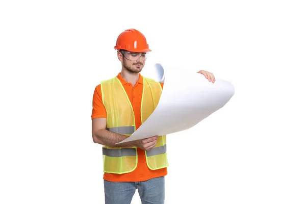 Png Ingenieur Helm Met Tekenpapier Geïsoleerd Witte Achtergrond — Stockfoto