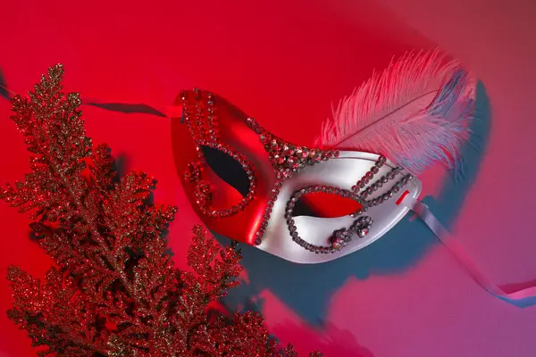 Carnaval Masker Met Veer Donkere Achtergrond Bovenaanzicht — Stockfoto