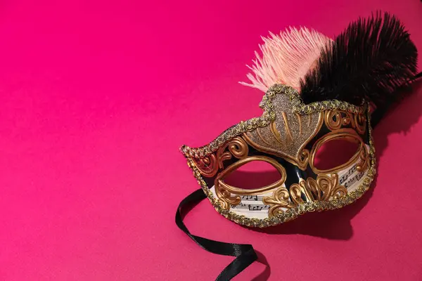 Carnaval Masker Met Veren Roze Achtergrond Ruimte Voor Tekst — Stockfoto