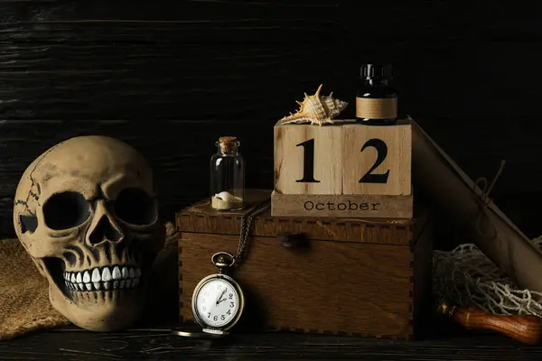 コロンブスデー カレンダーと時計でスカル — ストック写真