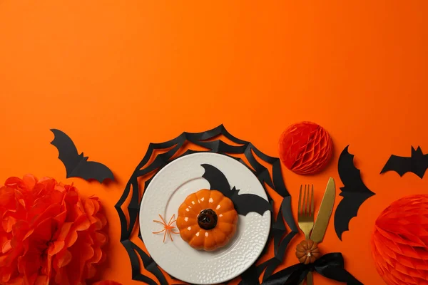 Dukning För Halloween Dekorationer Med Spindlar Och Pumpor — Stockfoto