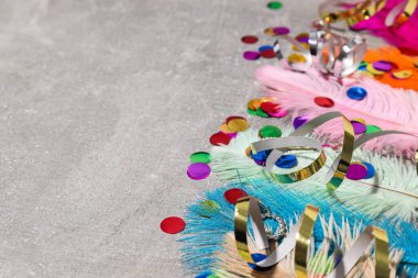 Gri arkaplanda tüyler, konfeti ve yılan, metin için boşluk