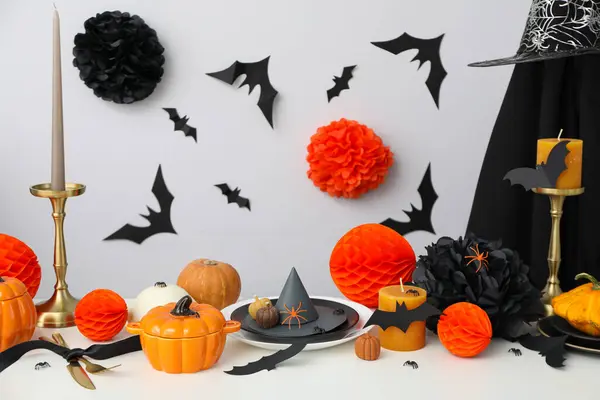Strašidelné Prázdninový Stůl Dekorace Netopýry Dýně Halloween — Stock fotografie