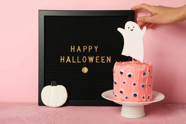 Svart Festligt Kort Med Halloween Tårta — Stockfoto