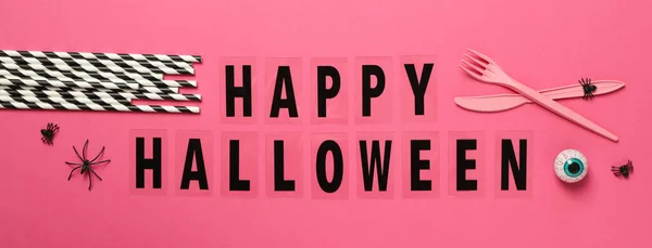 Inscriptie Happy Halloween Een Roze Achtergrond — Stockfoto