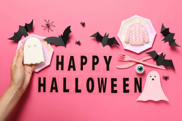 Inscriptie Happy Halloween Een Roze Achtergrond — Stockfoto