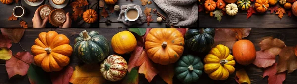 Collage Pictures Pumpkins Background Autumn Leaves — Stock Photo, Image