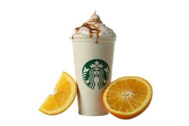 Ukrayna, Kyiv, 24 / 08 / 2023: PNG, bir fincan portakallı Starbucks kahvesi, beyaz arka planda izole edilmiş.
