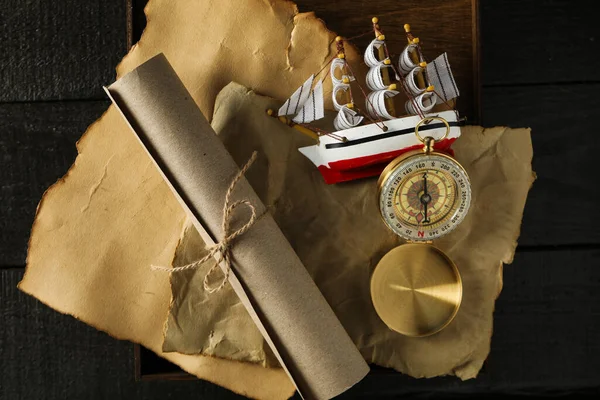 Columbus Day Paper Scroll Compass Ship — Stock Photo, Image