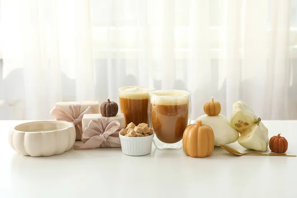 Pumpkin Coffee Gift Boxes Zucchini Light Background — Stock Photo, Image
