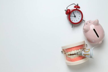 Saat, domuz kumbarası, dekoratif çene ve beyaz arkaplan üzerinde para, metin için alan