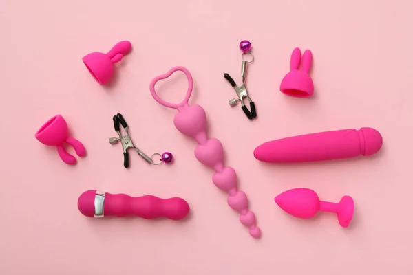 Kolekcja Zabawek Erotycznych Różowym Tle — Zdjęcie stockowe